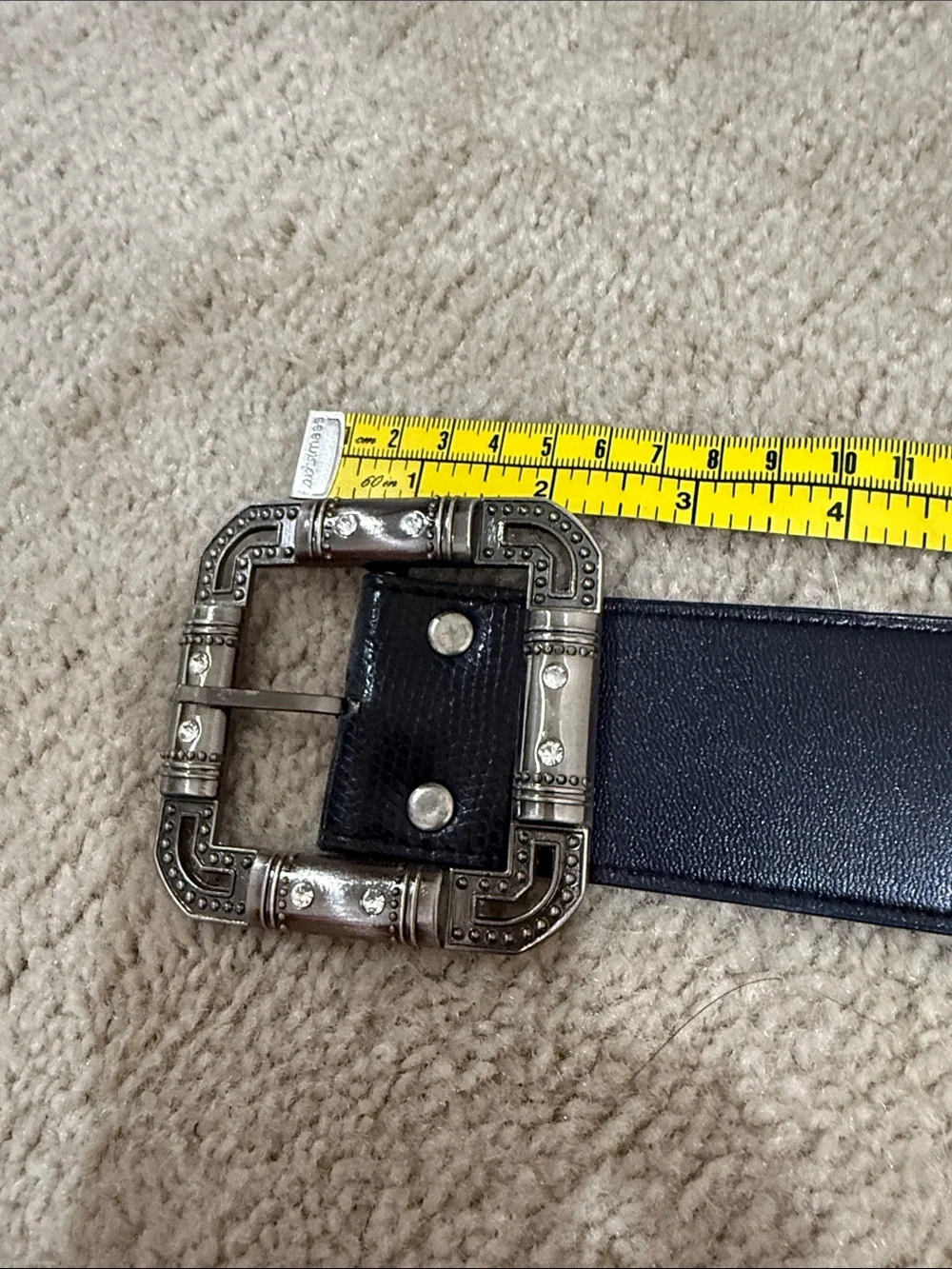 Men's Black Leather Belt with Decorative Silver-Tone Buckle
